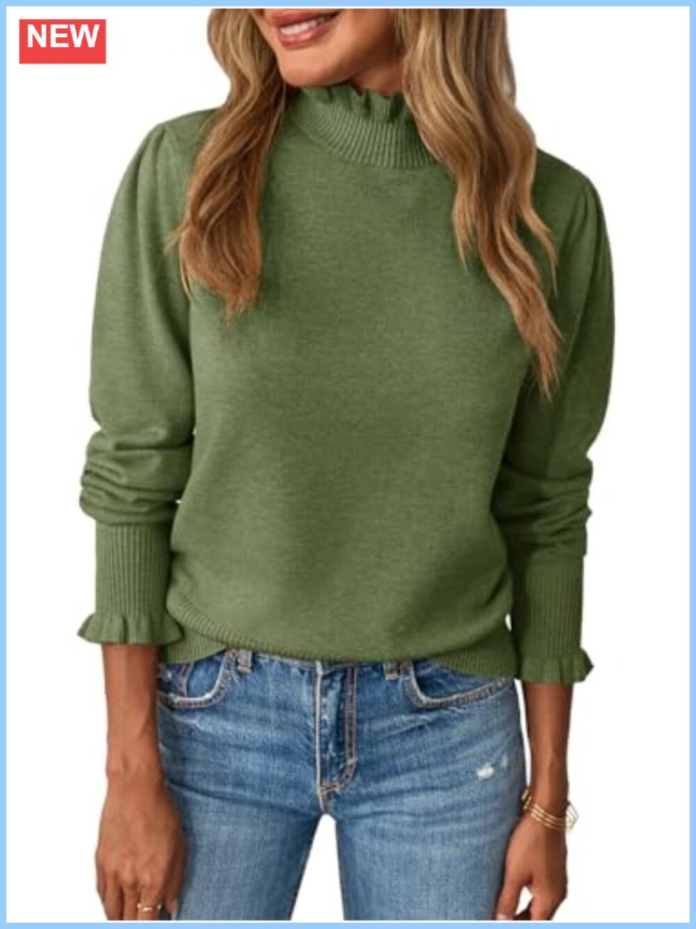 Ruffle Mock Neck Puff Sleeve Knit Pullover Sweater